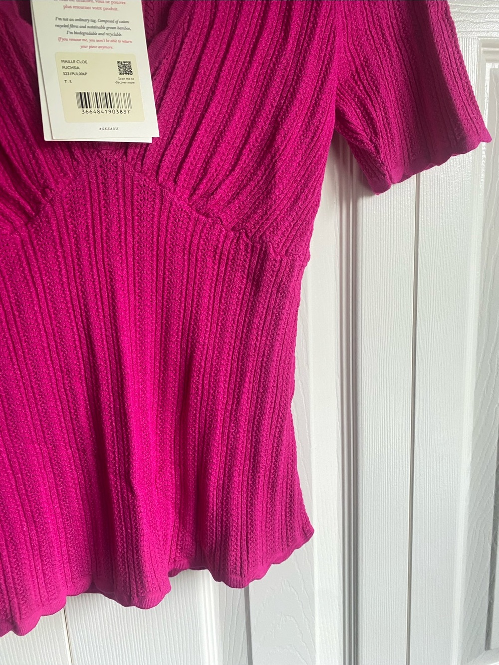 NWT Sezane Cloe Jumper Fitted Rib Knit Top in Fuchsia Pink Size S - Picture 8 of 11